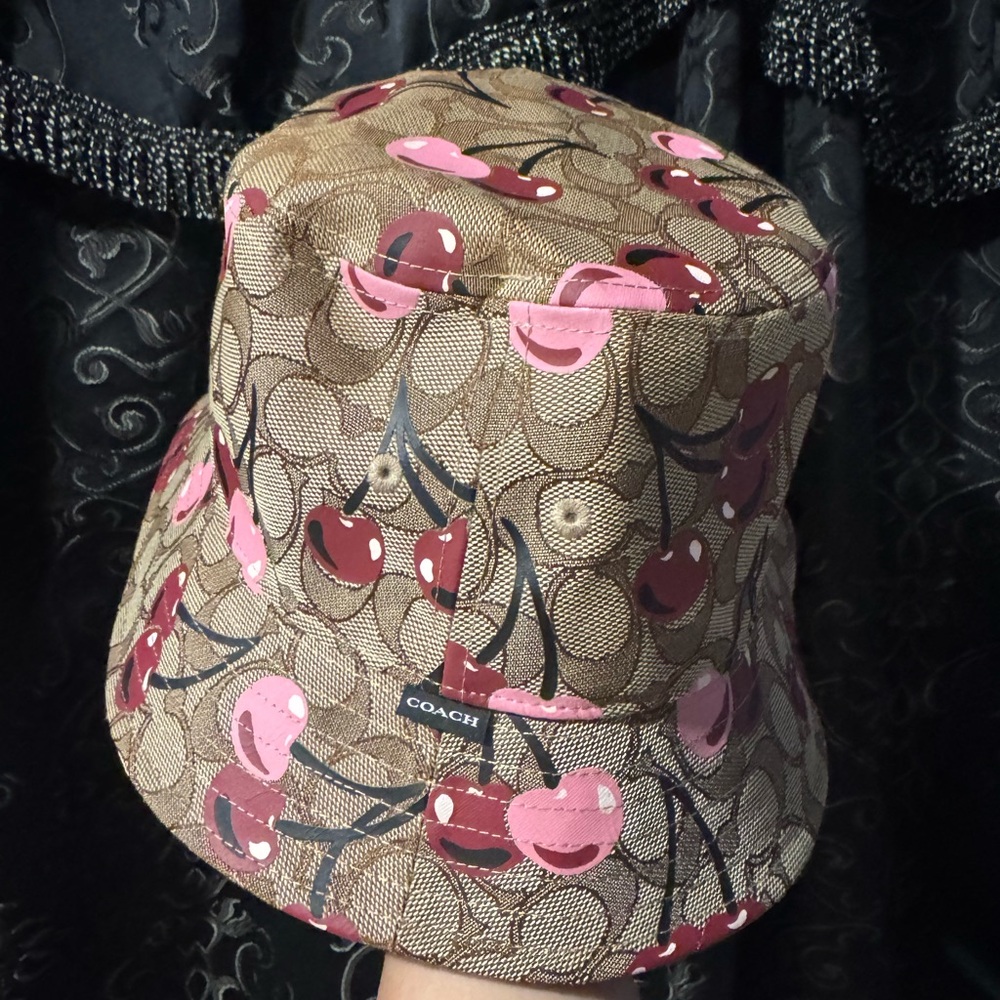 Coach Heart Cherries Print Bucket Hat in Brown and Pink - Picture 2 of 6